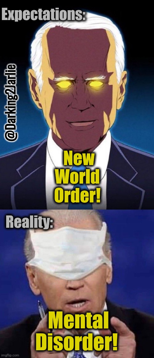 Liberalism! | Expectations:; @Darking2Jarlie; New World Order! Reality:; Mental Disorder! | image tagged in dark brandon,biden,liberalism,expectation vs reality,liberals,america | made w/ Imgflip meme maker