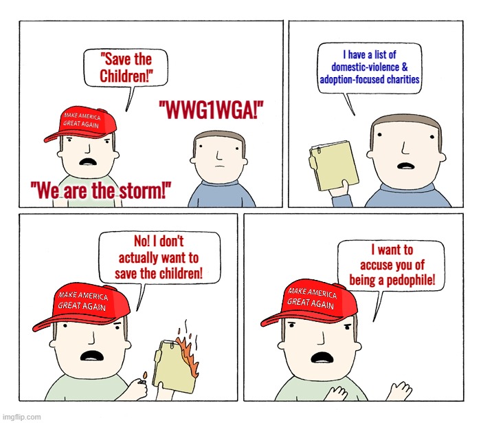QAnon in a nutshell | image tagged in qanon hypocrisy on save the children,qanon,conspiracy theory,conservative hypocrisy,gop hypocrite,hypocrisy | made w/ Imgflip meme maker