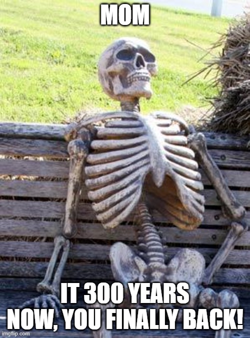 The Thing you wait for 300 years | MOM; IT 300 YEARS NOW, YOU FINALLY BACK! | image tagged in memes,waiting skeleton | made w/ Imgflip meme maker