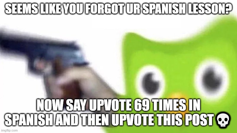 do it? | SEEMS LIKE YOU FORGOT UR SPANISH LESSON? NOW SAY UPVOTE 69 TIMES IN SPANISH AND THEN UPVOTE THIS POST💀 | image tagged in duolingo gun | made w/ Imgflip meme maker