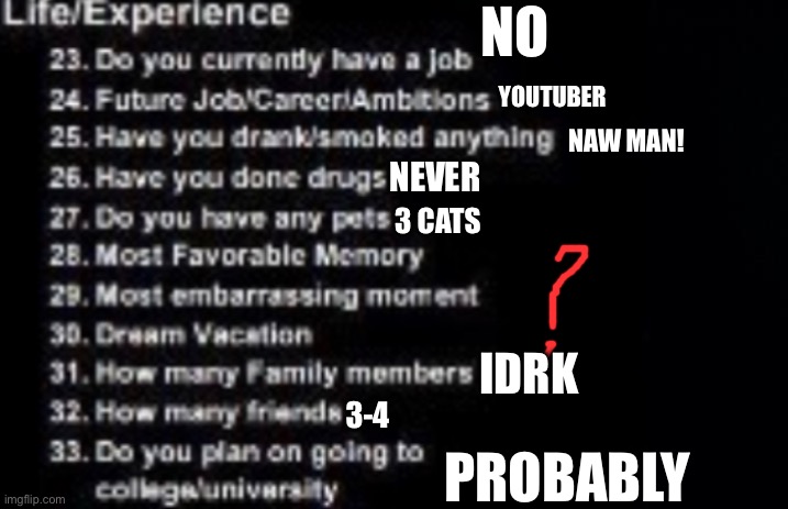 The number game: part 3 | NO; YOUTUBER; NAW MAN! NEVER; 3 CATS; IDRK; 3-4; PROBABLY | image tagged in black background | made w/ Imgflip meme maker