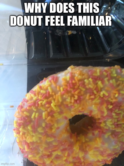 Why just why | WHY DOES THIS DONUT FEEL FAMILIAR | image tagged in donut | made w/ Imgflip meme maker