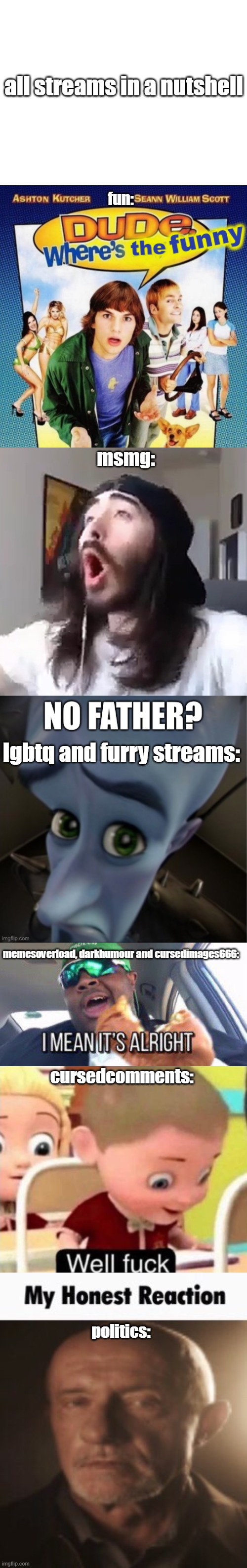 yea | all streams in a nutshell; fun:; msmg:; lgbtq and furry streams:; memesoverload, darkhumour and cursedimages666:; cursedcomments:; politics: | image tagged in blank white template,dude where's the funny,wooooo yeah baby,no father,i mean it's alright,well frick | made w/ Imgflip meme maker