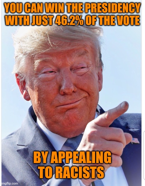 Trump pointing | YOU CAN WIN THE PRESIDENCY WITH JUST 46.2% OF THE VOTE BY APPEALING TO RACISTS | image tagged in trump pointing | made w/ Imgflip meme maker