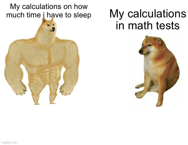 Buff Doge vs. Cheems | My calculations on how much time i have to sleep; My calculations in math tests | image tagged in memes,buff doge vs cheems | made w/ Imgflip meme maker