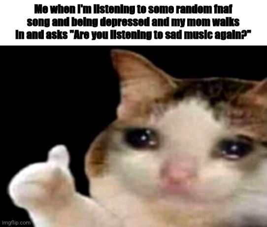 This has happened a few times | Me when I'm listening to some random fnaf song and being depressed and my mom walks in and asks "Are you listening to sad music again?" | image tagged in sad cat thumbs up | made w/ Imgflip meme maker