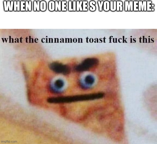what the cinnamon toast f^%$ is this | WHEN NO ONE LIKE S YOUR MEME: | image tagged in what the cinnamon toast f is this | made w/ Imgflip meme maker
