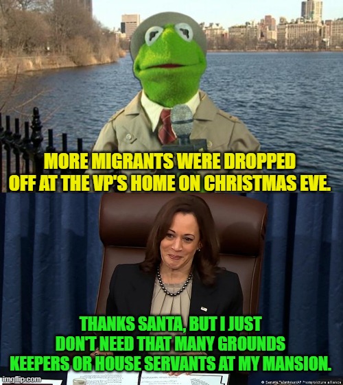 You KNOW that's what these leftist elites REALLY think of all these illegal 'immigrants'. | MORE MIGRANTS WERE DROPPED OFF AT THE VP'S HOME ON CHRISTMAS EVE. THANKS SANTA, BUT I JUST DON'T NEED THAT MANY GROUNDS KEEPERS OR HOUSE SERVANTS AT MY MANSION. | image tagged in kermit news report | made w/ Imgflip meme maker
