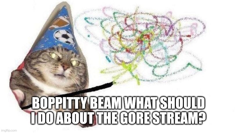 It's definitely an alt. And I saw one person say it might be void | BOPPITTY BEAM WHAT SHOULD I DO ABOUT THE GORE STREAM? | image tagged in wizard cat | made w/ Imgflip meme maker