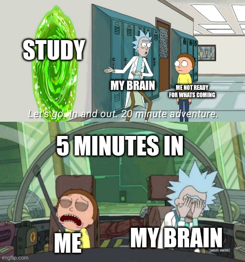 When i study for anything other then history | STUDY; MY BRAIN; ME NOT READY FOR WHATS COMING; 5 MINUTES IN; ME; MY BRAIN | image tagged in 20 minute adventure rick morty | made w/ Imgflip meme maker