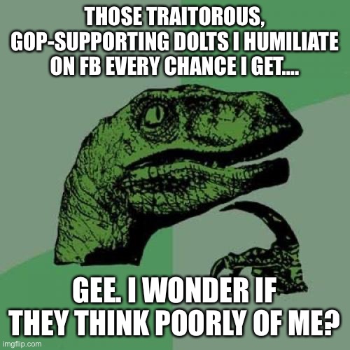 Philosoraptor Meme | THOSE TRAITOROUS, GOP-SUPPORTING DOLTS I HUMILIATE ON FB EVERY CHANCE I GET…. GEE. I WONDER IF THEY THINK POORLY OF ME? | image tagged in memes,philosoraptor | made w/ Imgflip meme maker