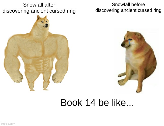 Snowfall in Book 14 be like... | Snowfall after discovering ancient cursed ring; Snowfall before discovering ancient cursed ring; Book 14 be like... | image tagged in memes,buff doge vs cheems | made w/ Imgflip meme maker