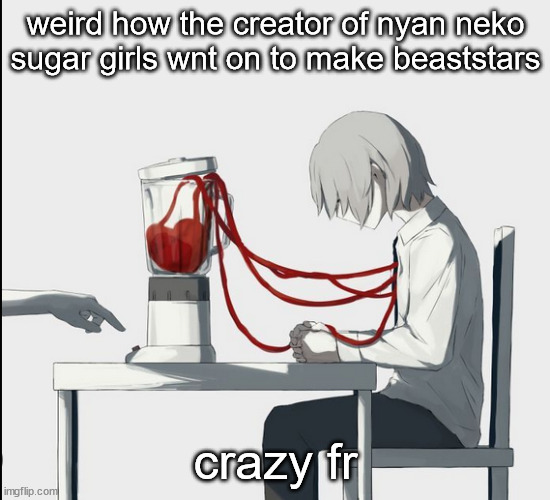 *went | weird how the creator of nyan neko sugar girls wnt on to make beaststars; crazy fr | image tagged in avogado6 hehe | made w/ Imgflip meme maker