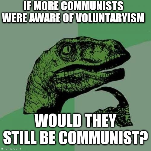 Philosoraptor Meme | IF MORE COMMUNISTS WERE AWARE OF VOLUNTARYISM; WOULD THEY STILL BE COMMUNIST? | image tagged in memes,philosoraptor | made w/ Imgflip meme maker