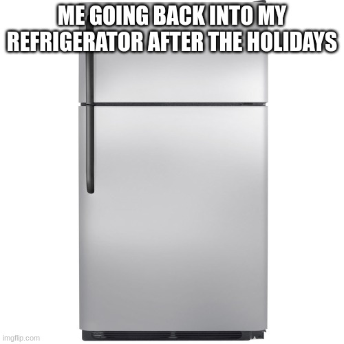 Refrigerator Meme | ME GOING BACK INTO MY REFRIGERATOR AFTER THE HOLIDAYS | image tagged in refrigerator meme | made w/ Imgflip meme maker
