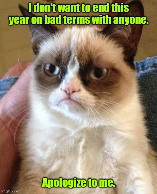 Another New Year. | I don't want to end this year on bad terms with anyone. Apologize to me. | image tagged in memes,grumpy cat,funny | made w/ Imgflip meme maker