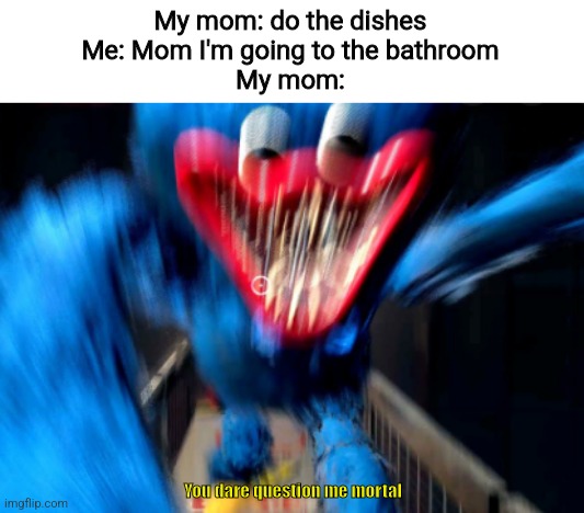 Hmm | My mom: do the dishes
Me: Mom I'm going to the bathroom
My mom:; You dare question me mortal | image tagged in boeh what the hea boeh | made w/ Imgflip meme maker