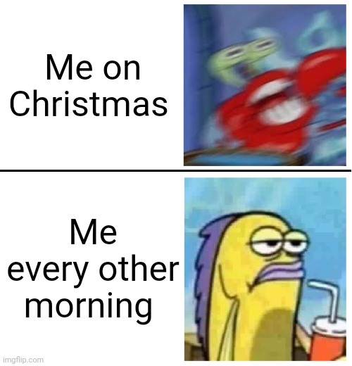 Excited vs Bored | Me on Christmas; Me every other morning | image tagged in excited vs bored | made w/ Imgflip meme maker
