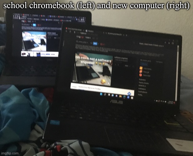 school chromebook (left) and new computer (right) | made w/ Imgflip meme maker