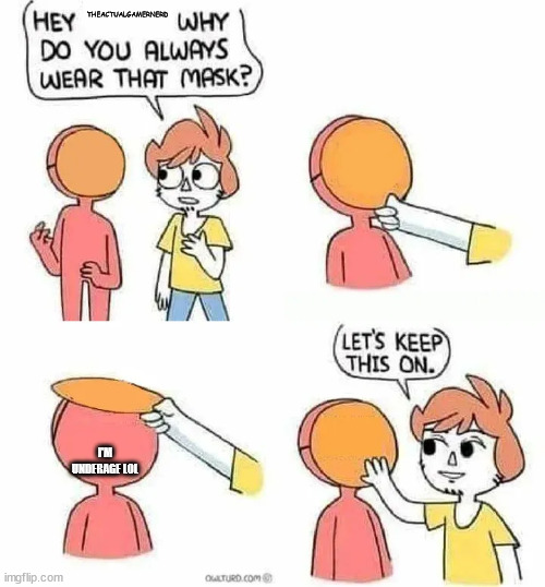 Why Do you always wear that mask? | THEACTUALGAMERNERD; I'M UNDERAGE LOL | image tagged in why do you always wear that mask | made w/ Imgflip meme maker