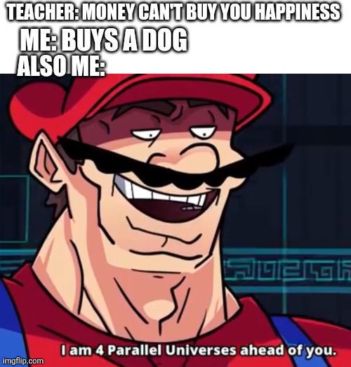 Awww who's a good boy | TEACHER: MONEY CAN'T BUY YOU HAPPINESS; ME: BUYS A DOG; ALSO ME: | image tagged in i am 4 parallel universes ahead of you,dogs,happy,school,buy | made w/ Imgflip meme maker
