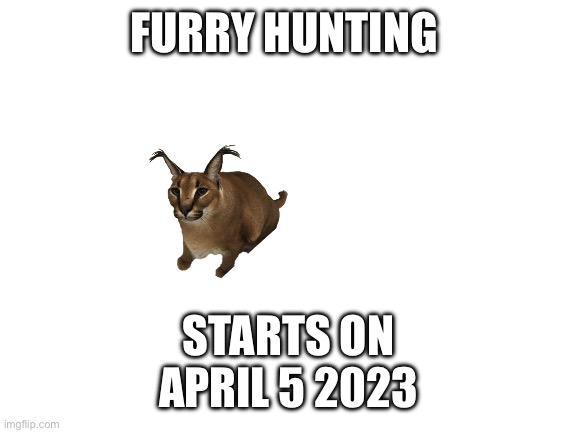 Blank White Template | FURRY HUNTING; STARTS ON
APRIL 5 2023 | image tagged in blank white template | made w/ Imgflip meme maker