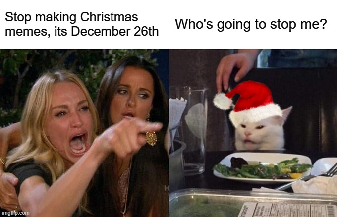 Woman Yelling At Cat | Stop making Christmas memes, its December 26th; Who's going to stop me? | image tagged in memes,woman yelling at cat,christmas | made w/ Imgflip meme maker