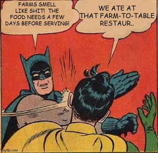 Farm Fresh Failure | FARMS SMELL LIKE SHIT!  THE FOOD NEEDS A FEW DAYS BEFORE SERVING! WE ATE AT THAT FARM-TO-TABLE RESTAUR.. | image tagged in batman,robin,swallow,farm,fresh,farts | made w/ Imgflip meme maker