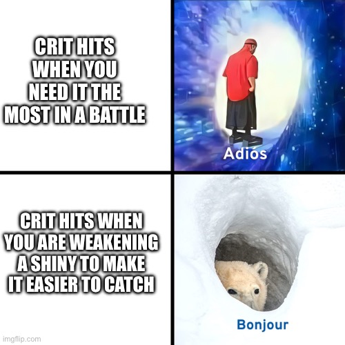 Adios Bonjour | CRIT HITS WHEN YOU NEED IT THE MOST IN A BATTLE; CRIT HITS WHEN YOU ARE WEAKENING A SHINY TO MAKE IT EASIER TO CATCH | image tagged in adios bonjour | made w/ Imgflip meme maker