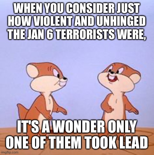 WHEN YOU CONSIDER JUST HOW VIOLENT AND UNHINGED THE JAN 6 TERRORISTS WERE, IT'S A WONDER ONLY ONE OF THEM TOOK LEAD | made w/ Imgflip meme maker