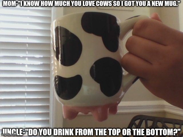 Don't ask. Just Don't | MOM-"I KNOW HOW MUCH YOU LOVE COWS SO I GOT YOU A NEW MUG."; UNCLE-"DO YOU DRINK FROM THE TOP OR THE BOTTOM?" | image tagged in wth | made w/ Imgflip meme maker