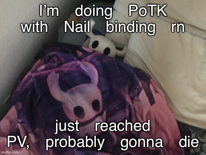 don’t wake him | I’m doing PoTK with Nail binding rn; just reached PV, probably gonna die | image tagged in don t wake him | made w/ Imgflip meme maker