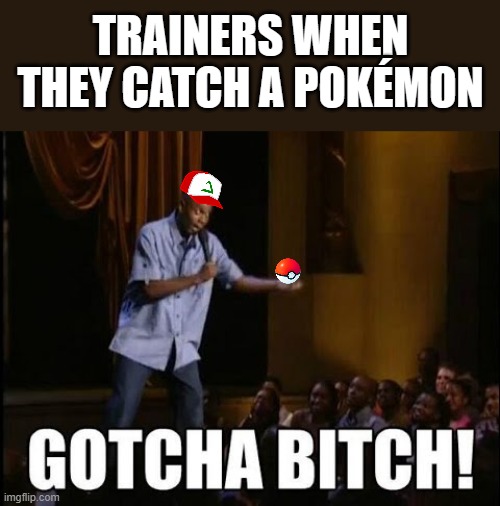 gotcha bitch | TRAINERS WHEN THEY CATCH A POKÉMON | image tagged in gotcha bitch | made w/ Imgflip meme maker