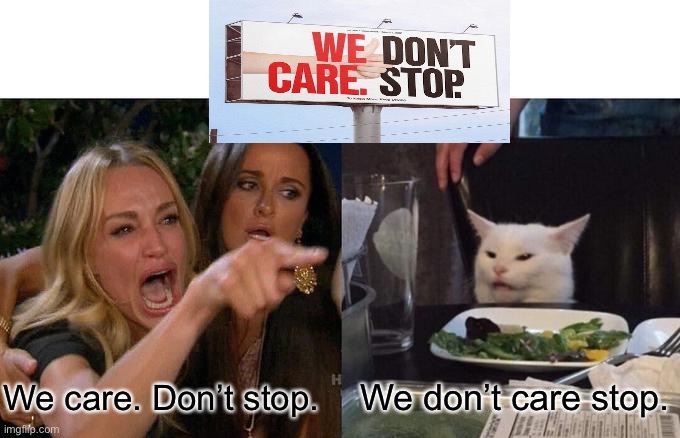 Woman Yelling At Cat | We care. Don’t stop. We don’t care stop. | image tagged in memes,woman yelling at cat | made w/ Imgflip meme maker