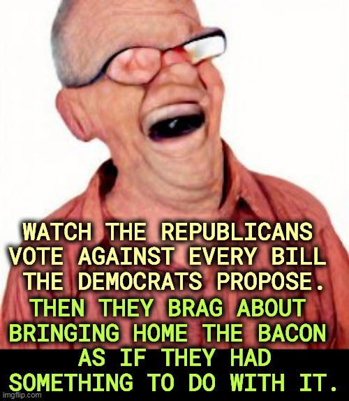 WATCH THE REPUBLICANS 
VOTE AGAINST EVERY BILL 
THE DEMOCRATS PROPOSE. THEN THEY BRAG ABOUT 
BRINGING HOME THE BACON 
AS IF THEY HAD SOMETHING TO DO WITH IT. | image tagged in conservative hypocrisy,bragging,partisanship,republican,politicians | made w/ Imgflip meme maker