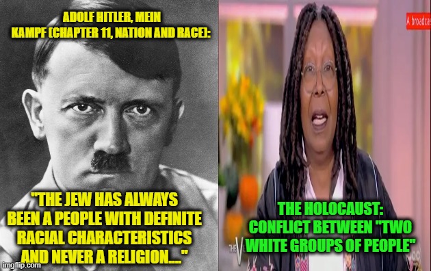 Whoopi Doubles Down |  ADOLF HITLER, MEIN KAMPF (CHAPTER 11, NATION AND RACE):; "THE JEW HAS ALWAYS BEEN A PEOPLE WITH DEFINITE RACIAL CHARACTERISTICS AND NEVER A RELIGION...."; THE HOLOCAUST: CONFLICT BETWEEN "TWO WHITE GROUPS OF PEOPLE" | image tagged in holocaust,jews,adolf hitler,whoopi goldberg | made w/ Imgflip meme maker