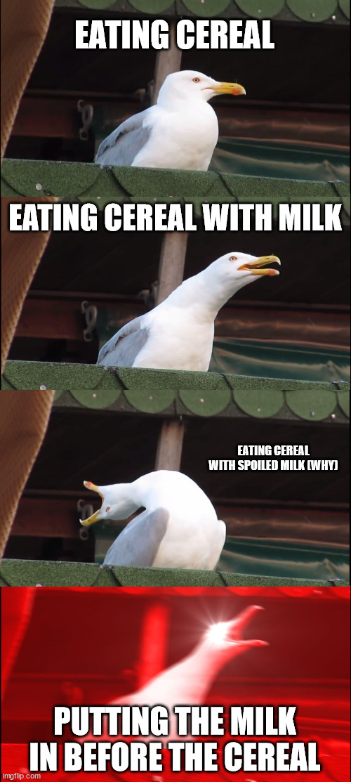 Inhaling Seagull | EATING CEREAL; EATING CEREAL WITH MILK; EATING CEREAL WITH SPOILED MILK (WHY); PUTTING THE MILK IN BEFORE THE CEREAL | image tagged in memes,inhaling seagull | made w/ Imgflip meme maker