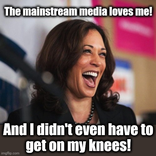 cackling kamala harris | The mainstream media loves me! And I didn't even have to
get on my knees! | image tagged in cackling kamala harris | made w/ Imgflip meme maker