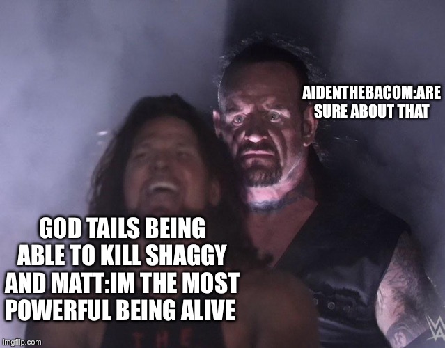 aidenthebavom is honest The most powerful being that ever existed | AIDENTHEBACOM:ARE SURE ABOUT THAT; GOD TAILS BEING ABLE TO KILL SHAGGY AND MATT:IM THE MOST POWERFUL BEING ALIVE | image tagged in undertaker | made w/ Imgflip meme maker