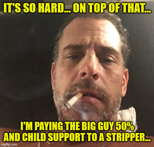 Hunter Biden | IT'S SO HARD... ON TOP OF THAT... I'M PAYING THE BIG GUY 50% AND CHILD SUPPORT TO A STRIPPER... | image tagged in hunter biden | made w/ Imgflip meme maker