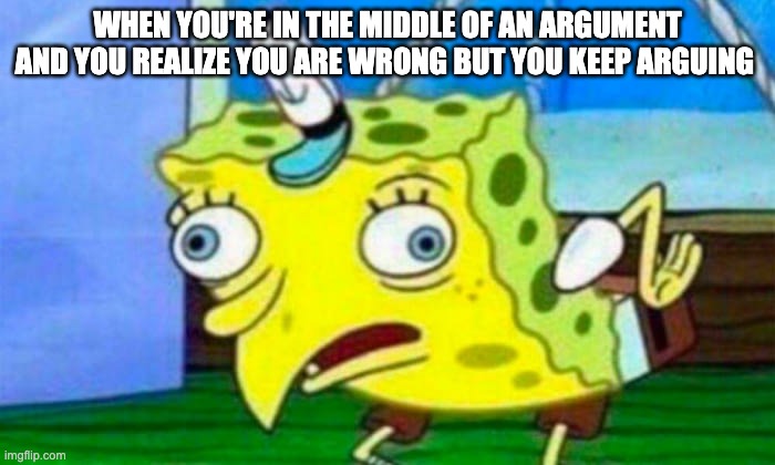 Stupid spongebob | WHEN YOU'RE IN THE MIDDLE OF AN ARGUMENT AND YOU REALIZE YOU ARE WRONG BUT YOU KEEP ARGUING | image tagged in stupid spongebob | made w/ Imgflip meme maker