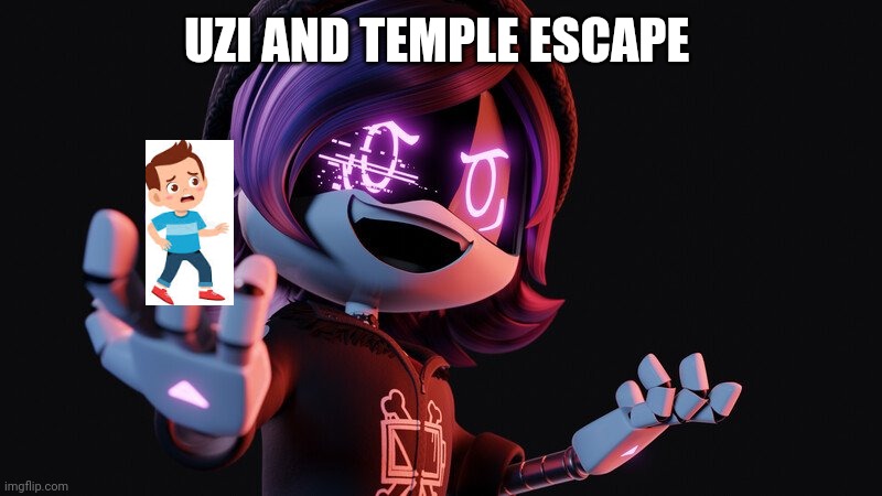 Uzi and temple escape (Title cover) | UZI AND TEMPLE ESCAPE | image tagged in murder drones,title,cover | made w/ Imgflip meme maker