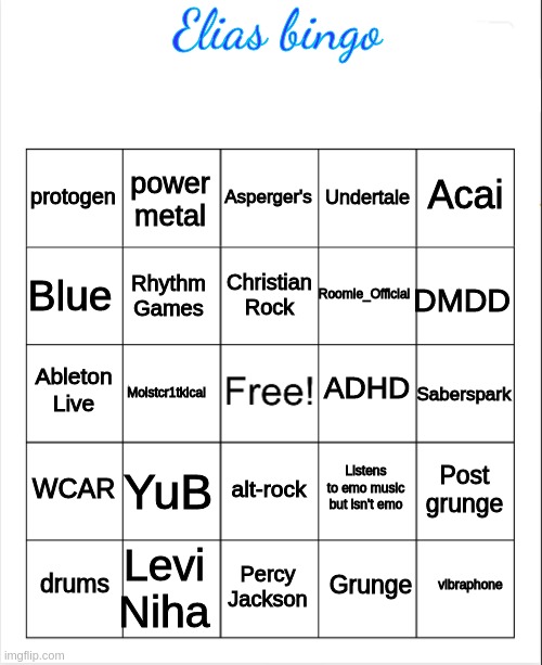 Blank Bingo | Elias bingo; Asperger's; power metal; Acai; protogen; Undertale; Christian Rock; Blue; DMDD; Roomie_Official; Rhythm Games; ADHD; Ableton Live; Saberspark; Moistcr1tkical; WCAR; YuB; Post grunge; Listens to emo music but isn't emo; alt-rock; Levi Niha; vibraphone; drums; Percy Jackson; Grunge | image tagged in blank bingo | made w/ Imgflip meme maker