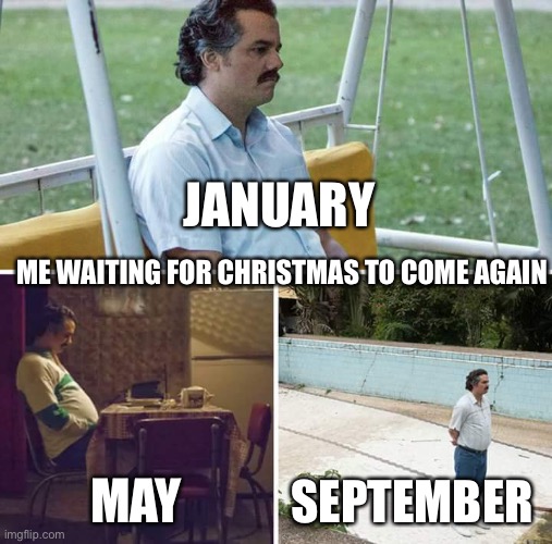 Waiting For Christmas |  JANUARY; ME WAITING FOR CHRISTMAS TO COME AGAIN; MAY; SEPTEMBER | image tagged in waiting,christmas,january,may,september,month | made w/ Imgflip meme maker