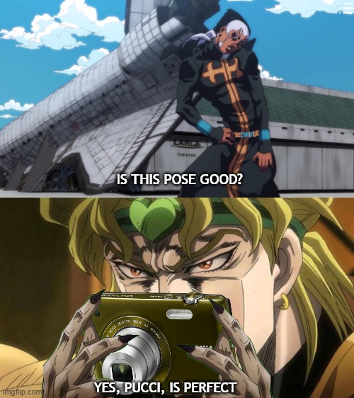 Dio and Pucci visit Cape Canaveral | IS THIS POSE GOOD? YES, PUCCI, IS PERFECT | image tagged in jojo's bizarre adventure,anime meme,florida | made w/ Imgflip meme maker