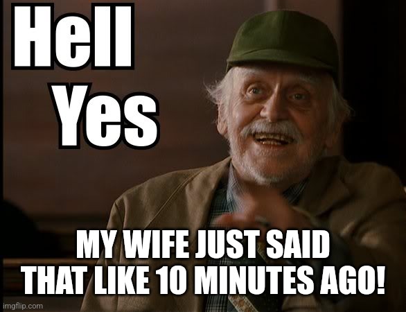 HELL YES | MY WIFE JUST SAID THAT LIKE 10 MINUTES AGO! | image tagged in hell yes | made w/ Imgflip meme maker
