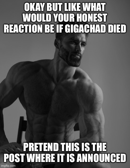 Giga Chad | OKAY BUT LIKE WHAT WOULD YOUR HONEST REACTION BE IF GIGACHAD DIED; PRETEND THIS IS THE POST WHERE IT IS ANNOUNCED | image tagged in giga chad | made w/ Imgflip meme maker