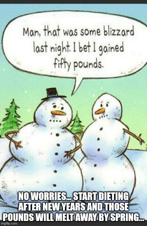 Who doesn't like spring... | NO WORRIES... START DIETING AFTER NEW YEARS AND THOSE POUNDS WILL MELT AWAY BY SPRING... | image tagged in snowmen | made w/ Imgflip meme maker