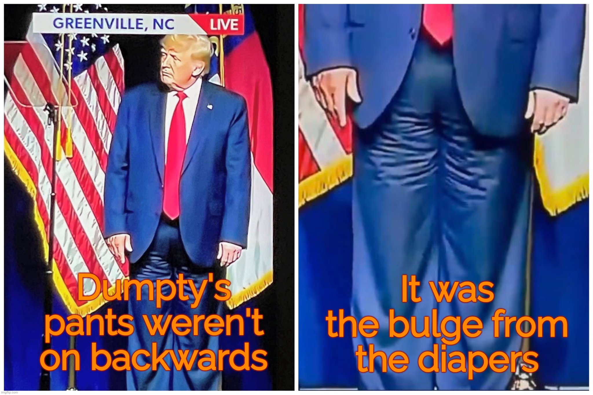 He's not the only one, but let's be real and stop pointing at others for the same | Dumpty's pants weren't on backwards; It was the bulge from the diapers | image tagged in trump diapers,trump,donald trump,donald trump diapers,the backwards pants incident that wasn't,his pants werent backwards | made w/ Imgflip meme maker