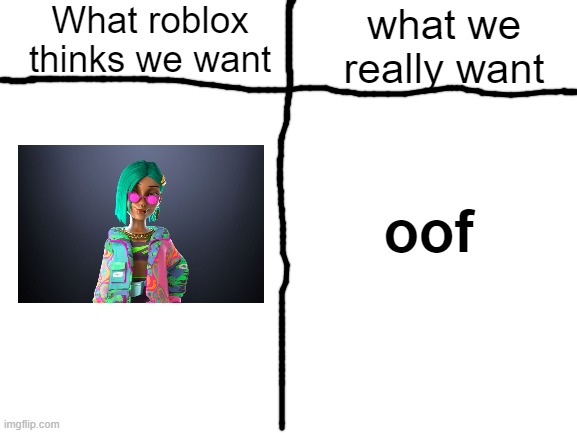 oof :c | What roblox thinks we want; what we really want; oof | image tagged in blank white template,oof,roblox meme,roblox | made w/ Imgflip meme maker